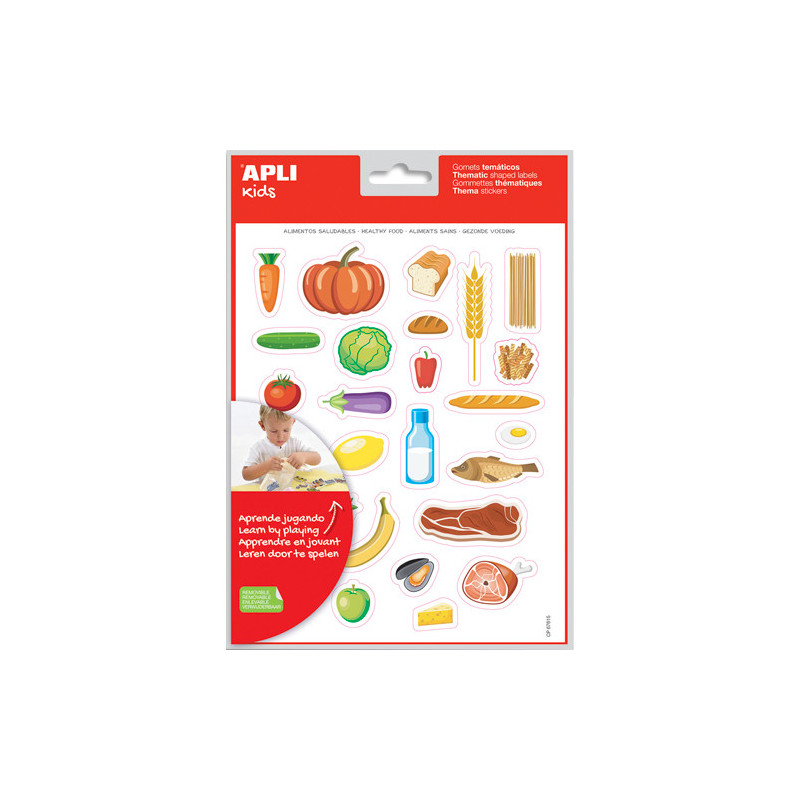 APLI KIDS Pochette de 12 feuilles de gommettes sur la thématique des aliments sains