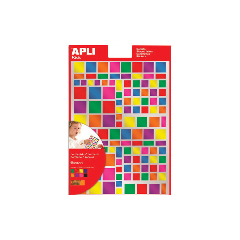 APLI KIDS Pochette de 6 feuilles (756 u) de gommettes carrées 20mm permanent multicolores