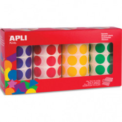 APLI KIDS Boîte de 4 rouleaux de gommettes rondes 20 mm, couleurs assorties (bleu, rouge, jaune et vert)