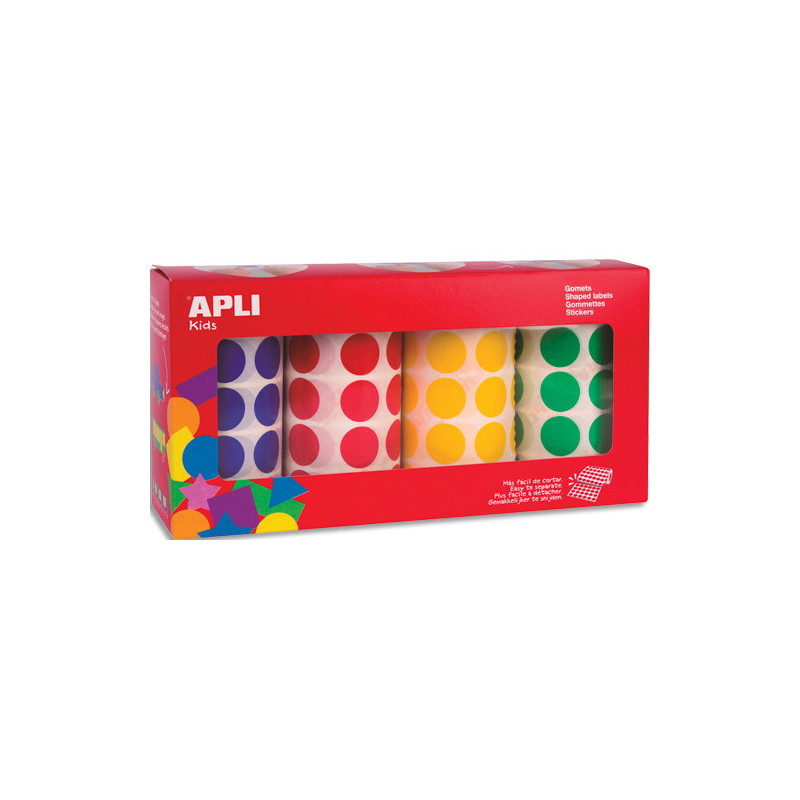 APLI KIDS Boîte de 4 rouleaux de gommettes rondes 20 mm, couleurs assorties (bleu, rouge, jaune et vert)