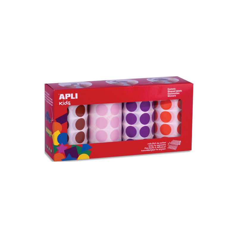 APLI KIDS Boîte de 4 rouleaux de gommettes rondes 20 mm (7 080 unités), couleurs assorties