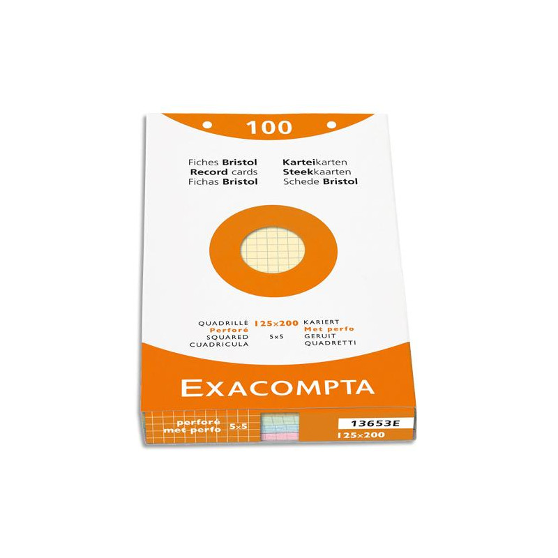 EXACOMPTA &Eacute;tui de 100 fiches bristol perfor&eacute;es 125x200mm quadrill&eacute;es 5x5 assortis