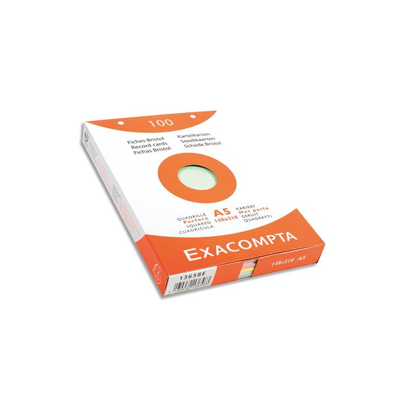 EXACOMPTA Étui de 100 fiches bristol perforées 148x210mm A5 quadrillées 5x5 assortis