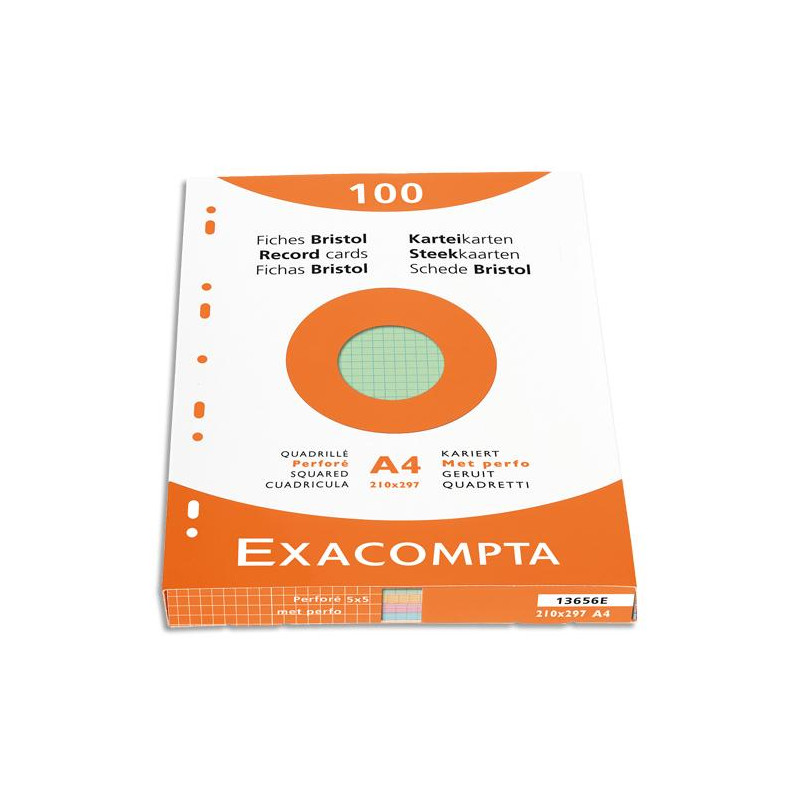 EXACOMPTA &Eacute;tui de 100 fiches bristol perfor&eacute;es 210x297mm A4 quadrill&eacute;es 5x5 assortis