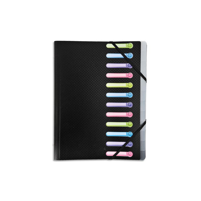 EXACOMPTA Trieur OPAK en polypropylène 12 compartiments A4. Avec pochette 3 rabats. Coloris noir