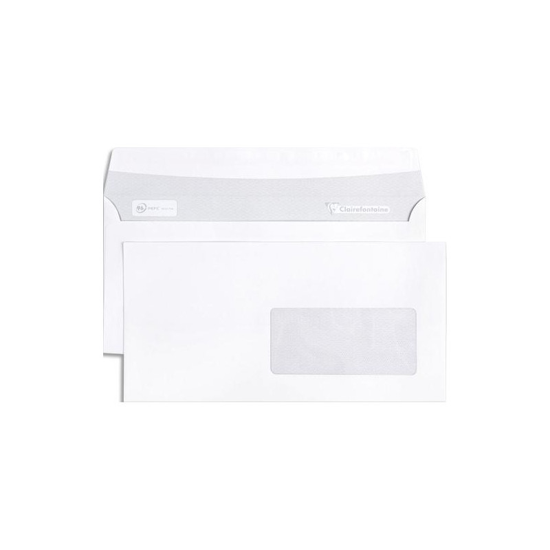 CLAIREFONTAINE Paquet de 50 enveloppes Blanches auto-adhésives 80 gr format 110x220mm fenêtre 45x100mm