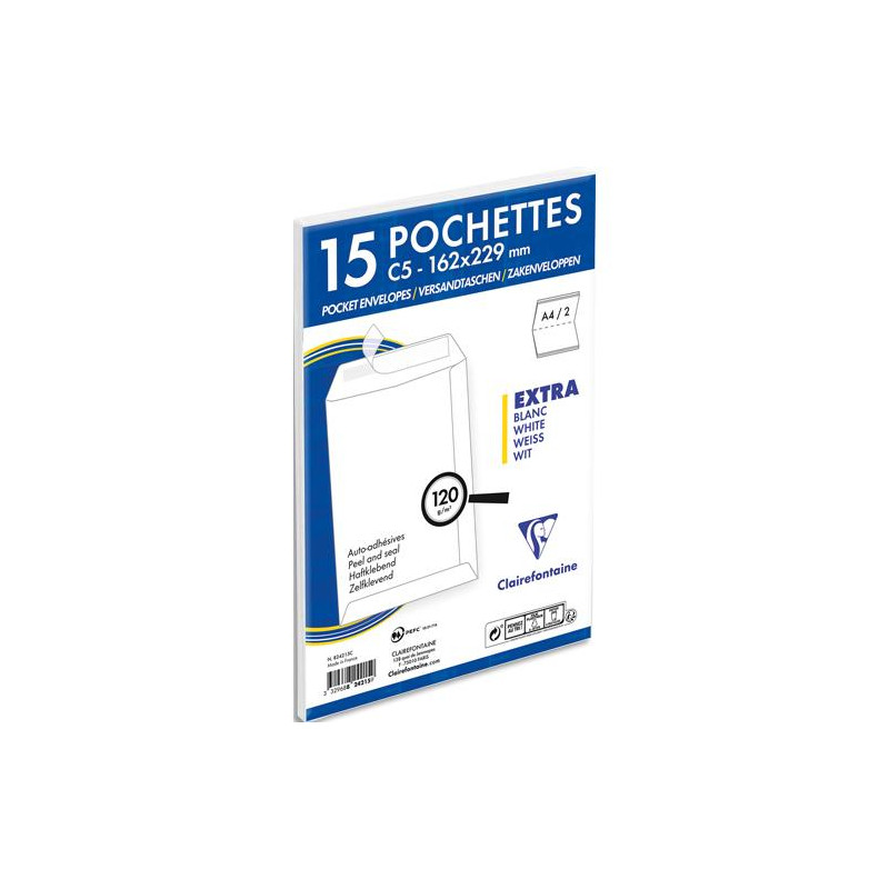 CLAIREFONTAINE Paquet de 15 pochettes v&eacute;lin Blanc auto-adh&eacute;sives 120g format C5 162 x 229 mm