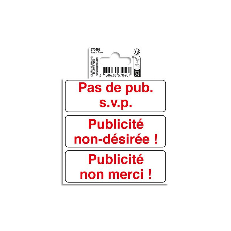 EXACOMPTA Panneau PVC adh&eacute;sif antid&eacute;rapant Publicit&eacute; interdite 10 cm 67040E