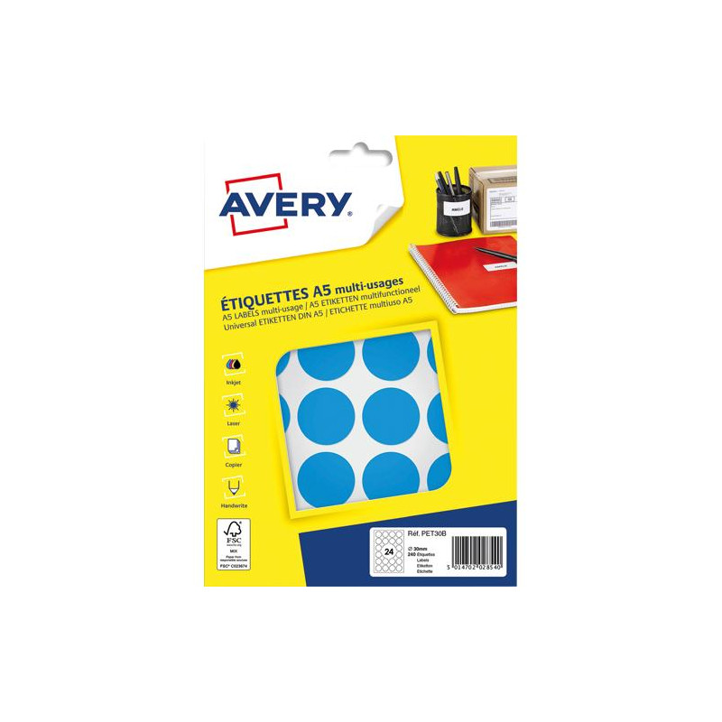 AVERY Sachet de 240 pastilles &Oslash;30 mm. Imprimables. Coloris Bleu