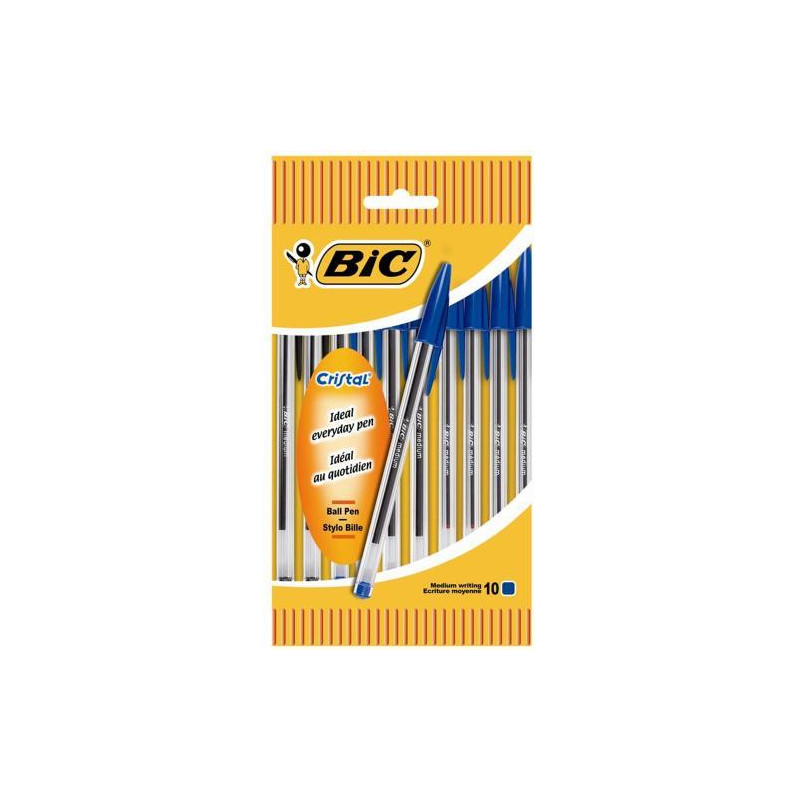 BIC Pochette de 10 tylo bille Cristal Original. Pointe Moyenne 1,0 mm. Encre Bleue