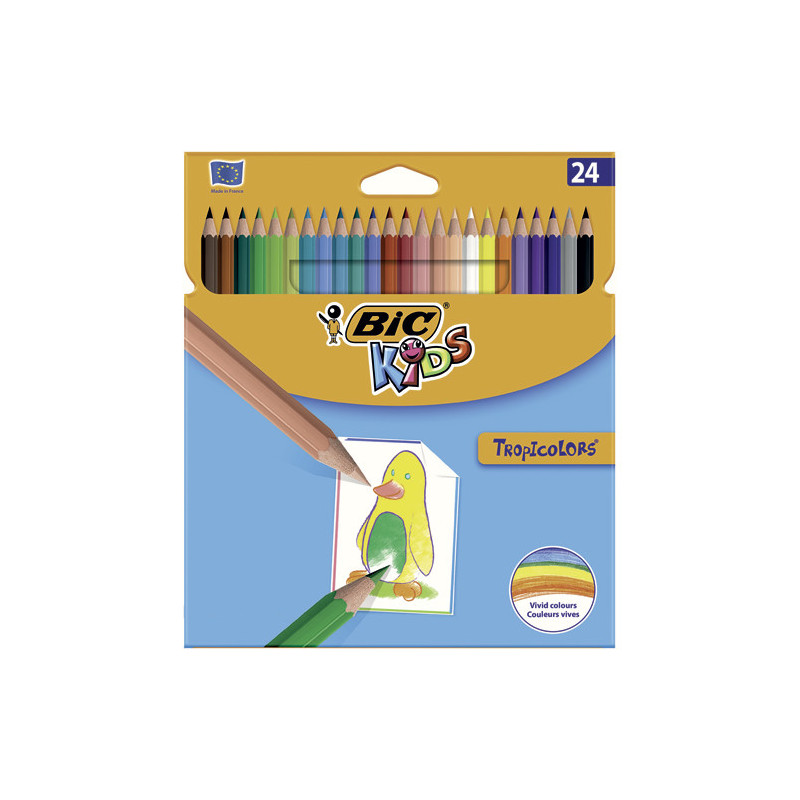 BIC Kids Tropicolors Crayons de Couleur - Couleurs Assorties, Fabriqués Sans Bois - Etui de 24