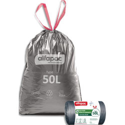 ALFAPAC Bo&icirc;te de 390 sacs &agrave; lien coulissant recycl&eacute; type 50L r&eacute;sistant coloris argent&#47;noir