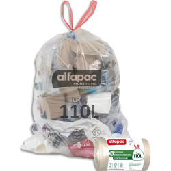 ALFAPAC Bo&icirc;te de 180 sacs &agrave; lien coulissant recycl&eacute; type 110L r&eacute;sistant coloris translucide