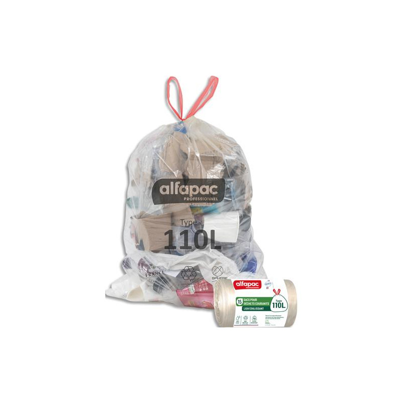 ALFAPAC Bo&icirc;te de 180 sacs &agrave; lien coulissant recycl&eacute; type 110L r&eacute;sistant coloris translucide