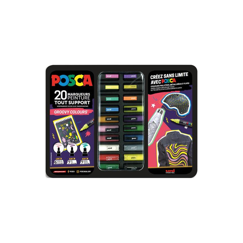 POSCA Mallette GROOVY COLOURS de 20 marqueurs peinture. 3 pointes PC1MC, PC3MC et PC5M.Couleurs assorties