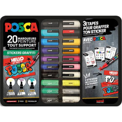 POSCA Mallette STICKERS GRAFFITI 20 marqueurs peinture. 3 pointes PC1MC, PC3MC et PC5M.Couleurs assorties