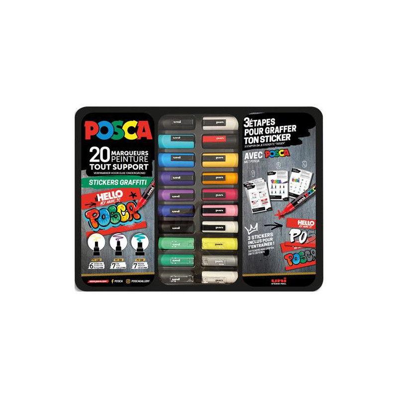 POSCA Mallette STICKERS GRAFFITI 20 marqueurs peinture. 3 pointes PC1MC, PC3MC et PC5M.Couleurs assorties