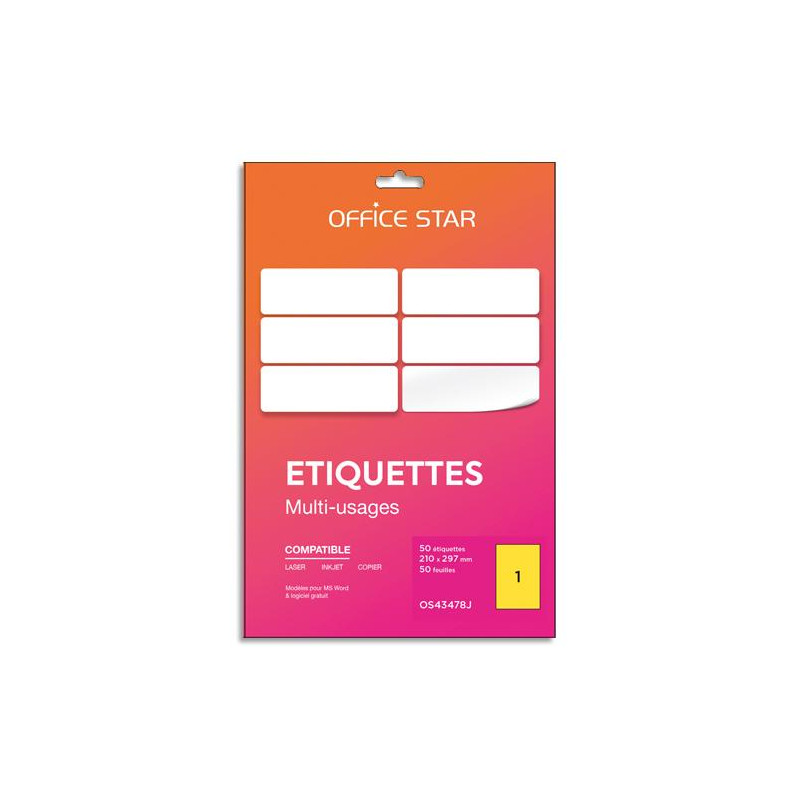 OFFICE STAR Boîte 50 étiquettes adhésives multiusage format A4 210x297mm. Planche A4. Coloris jaune