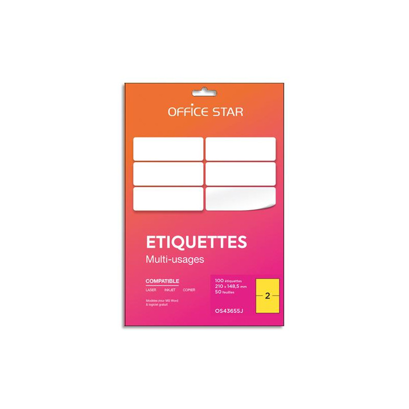 OFFICE STAR Boîte 100 étiquettes adhésives multiusage format A5 210x148mm. Planche A4. Coloris jaune