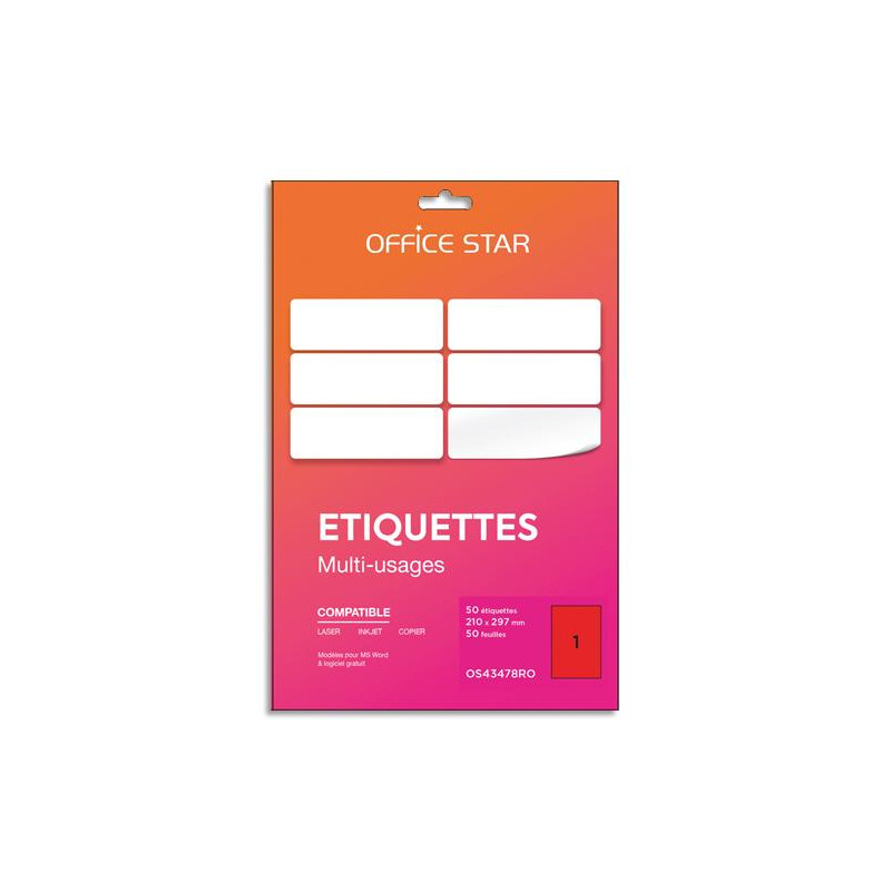 OFFICE STAR Boîte 50 étiquettes adhésives multiusage format A4 210x297mm. Planche A4. Coloris rouge