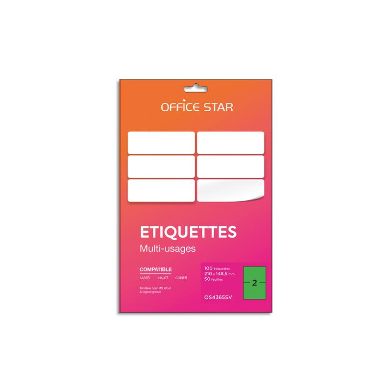 OFFICE STAR Boîte 100 étiquettes adhésives multiusage format A5 210x148mm. Planche A4. Coloris vert