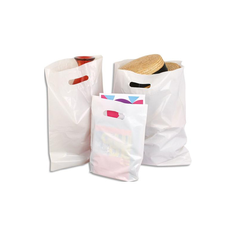 Paquet de 100 sacs plastique blancs 25 x 35 + 4 cm avec poign&eacute;es d&eacute;coup&eacute;es renforc&eacute;es 50 microns