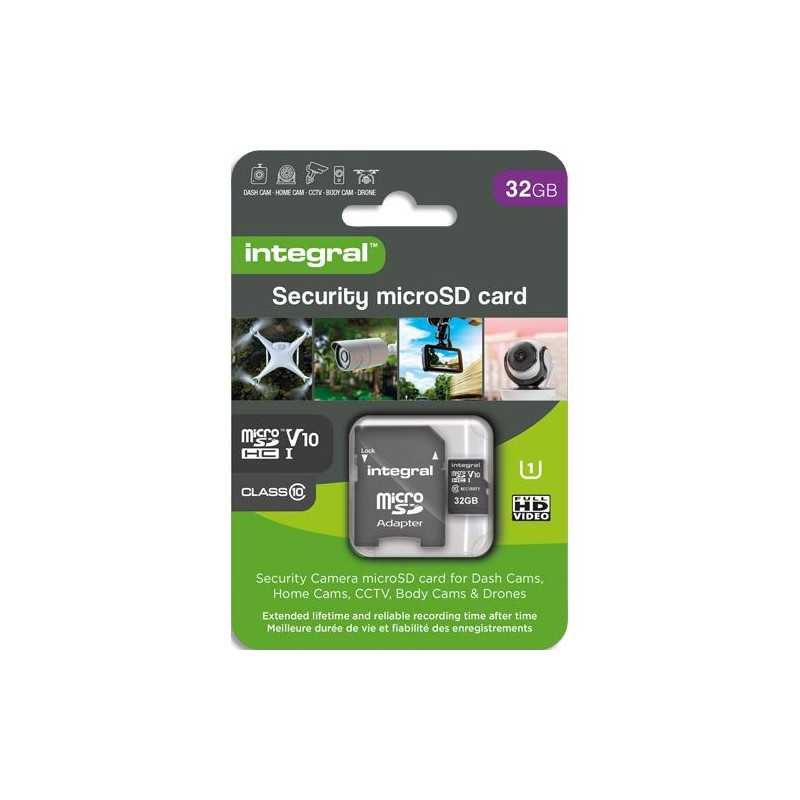 INTEGRAL Carte micro SD Security 32Go 4K V30 UHS-1 U3 A1 CLASS 10