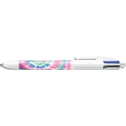 BIC Stylo bille r&eacute;tractable 4 Couleurs. Corps d&eacute;cor&eacute; d&#39;un design Tie &amp; Dye rose, bleu violet et bl