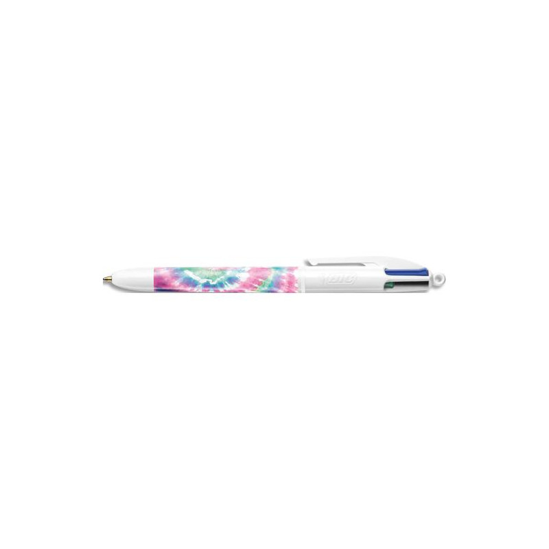 BIC Stylo bille r&eacute;tractable 4 Couleurs. Corps d&eacute;cor&eacute; d&#39;un design Tie &amp; Dye rose, bleu violet et bl