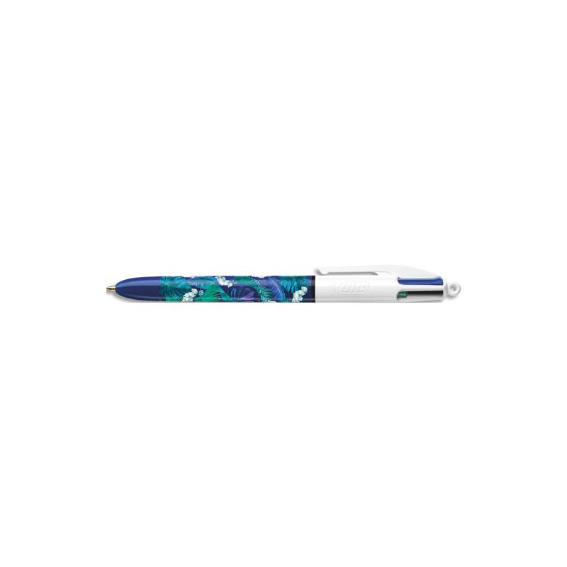 BIC Stylo bille r&eacute;tractable 4 Couleurs. Corps d&eacute;cor&eacute; d&#39;un design botanique feuills verte, bleue et bla