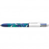 BIC Stylo bille rétractable 4 Couleurs. Corps décoré d'un design botanique feuills verte, bleue et bla