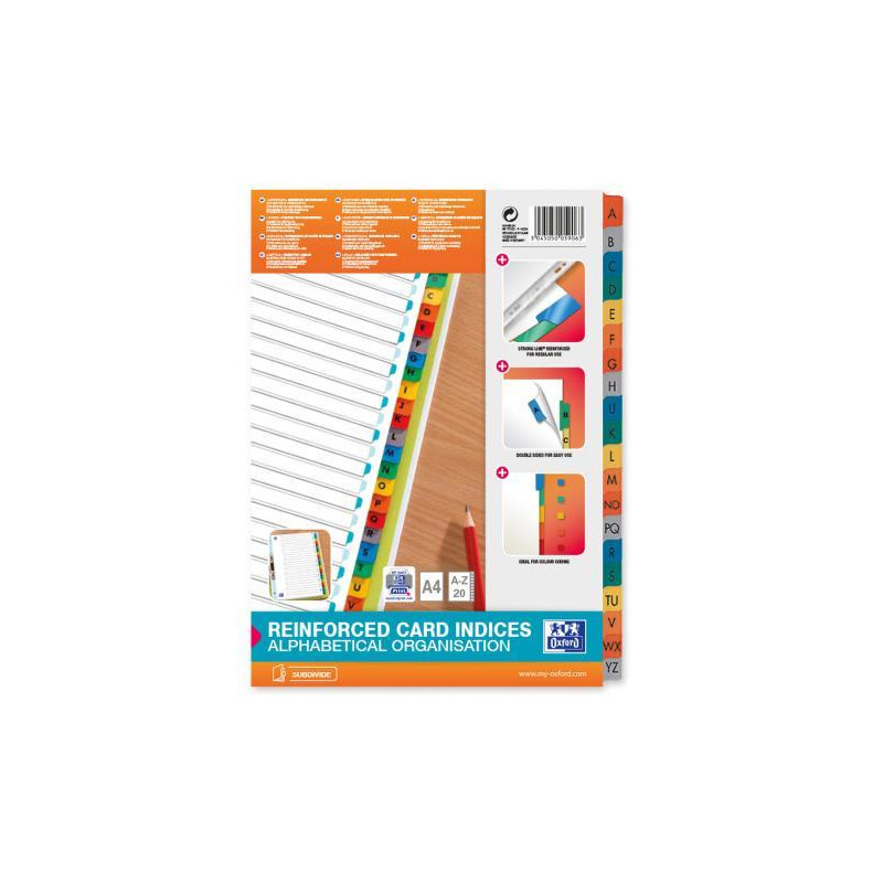 OXFORD Intercalaire alphabétique, carte Blanche 170g, 20 positions renforcées mylar, format A4. Assortis
