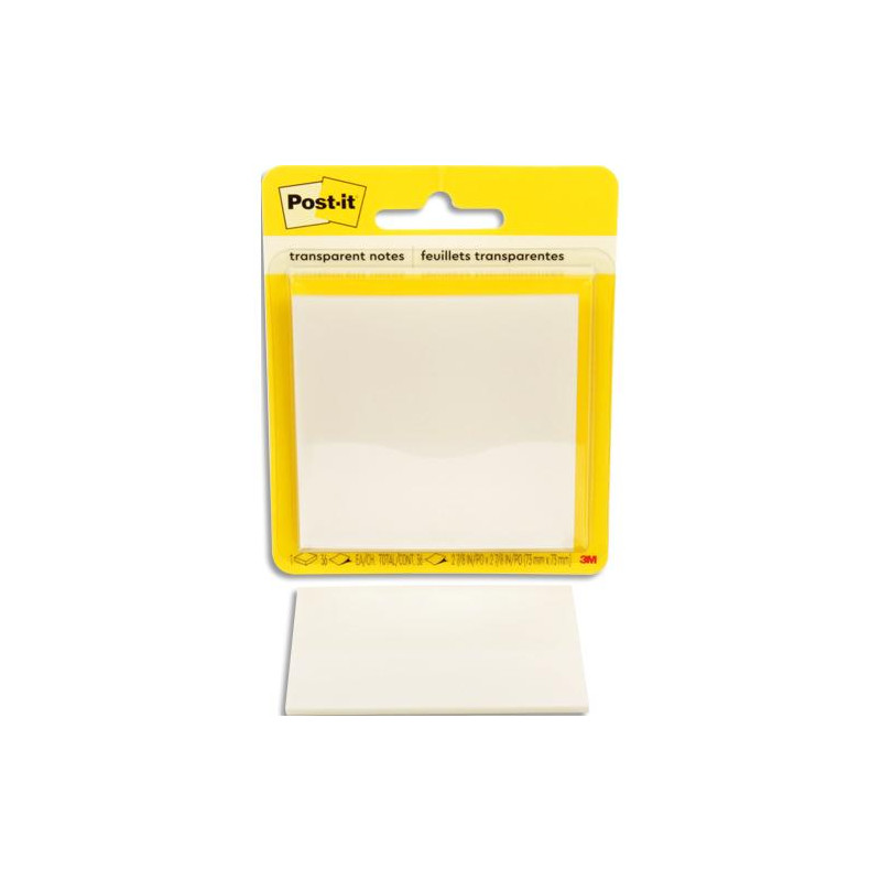 POST-IT Bloc de 36 feuilles repositionnable. Format 73 mm x 73 mm. Notes transparentes. Sous blister