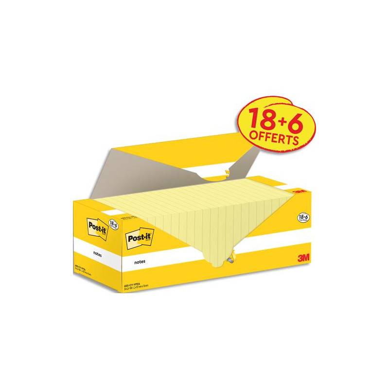 POST-IT Pack Avantage 24 blocs repositionnables de 100 feuilles 655. Format 76x127mm. Coloris Jaune