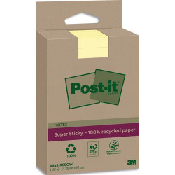 POST-IT Lot de 4 blocs repositionnable Super Sticky 100% recycl&eacute;. 45 feuilles lign&eacute;es de 102x152mm.Jaune