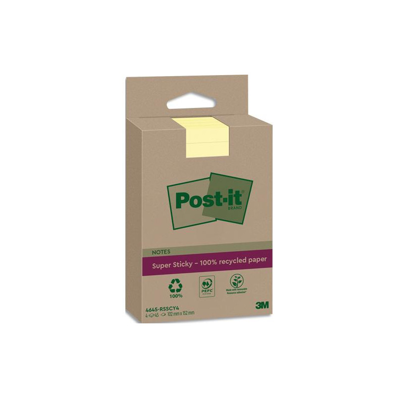 POST-IT Lot de 4 blocs repositionnable Super Sticky 100% recycl&eacute;. 45 feuilles lign&eacute;es de 102x152mm.Jaune