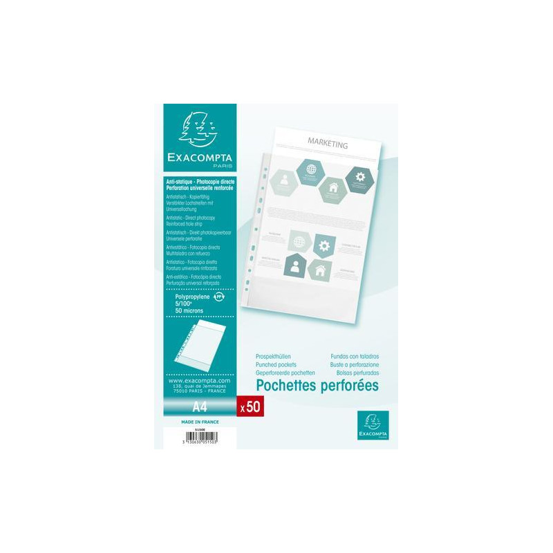 EXACOMPTA Sachet de 50 pochettes perforées A4 en polypropylène grainé 5/100e cristal