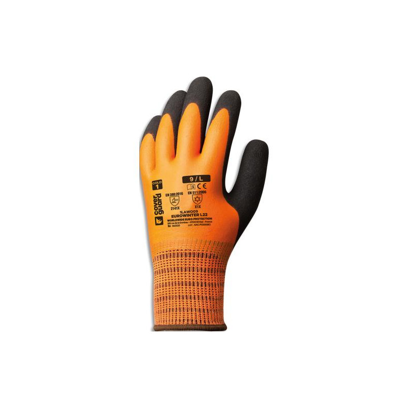 COVERGUARD Paire gants protection froid, double enduction latex, haute-visibilit&eacute;, protection et eau T8