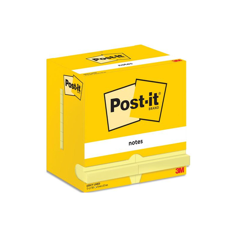 POST-IT Lot de 12 blocs repositionnables 635CY 100 feuilles lignées. Format 7,6 x 12,7cm. Coloris Jaune