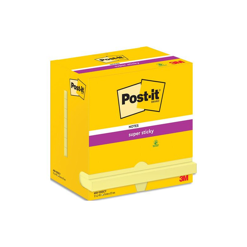 POST-IT Lot de 12 blocs repositionnables SUPERSTICKY 90 feuilles. Format 7,6 x 12,7cm. Coloris Jaune