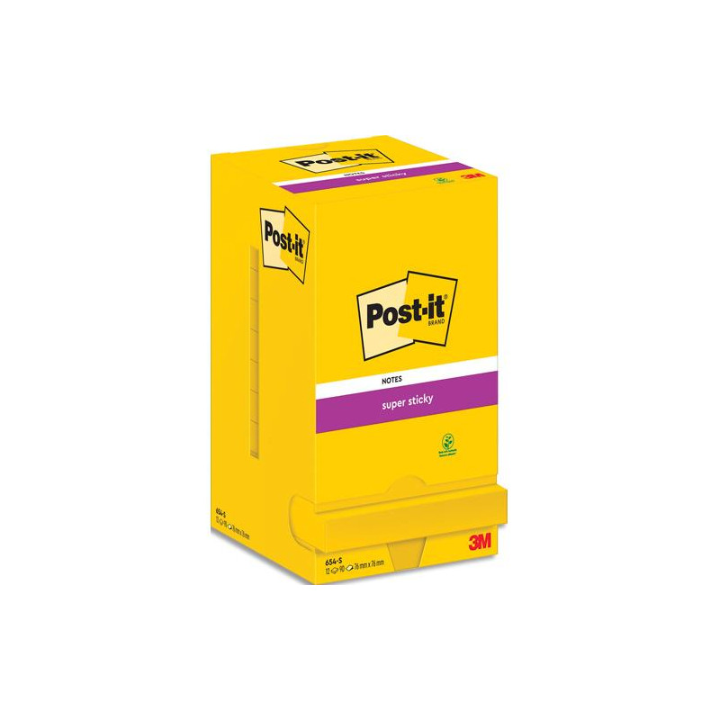 POST-IT Lot de 12 blocs repositionnables SUPERSTICKY 90 feuilles. Format 7,6 x 7,6cm. Coloris Jaune foncé