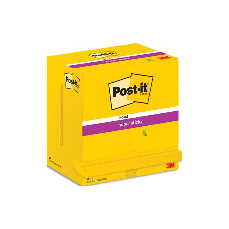 POST-IT Lot de 12 blocs repositionnables SUPERSTICKY 90 feuilles. Format 7,6x12,7cm. Coloris Jaune foncé