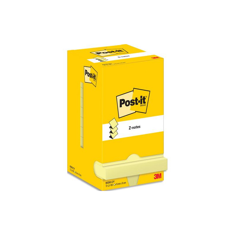 POST-IT Lot de 12 recharges repositionnables ZNOTES 100 feuilles. Format 7,6 x 7,6cm. Coloris Jaune