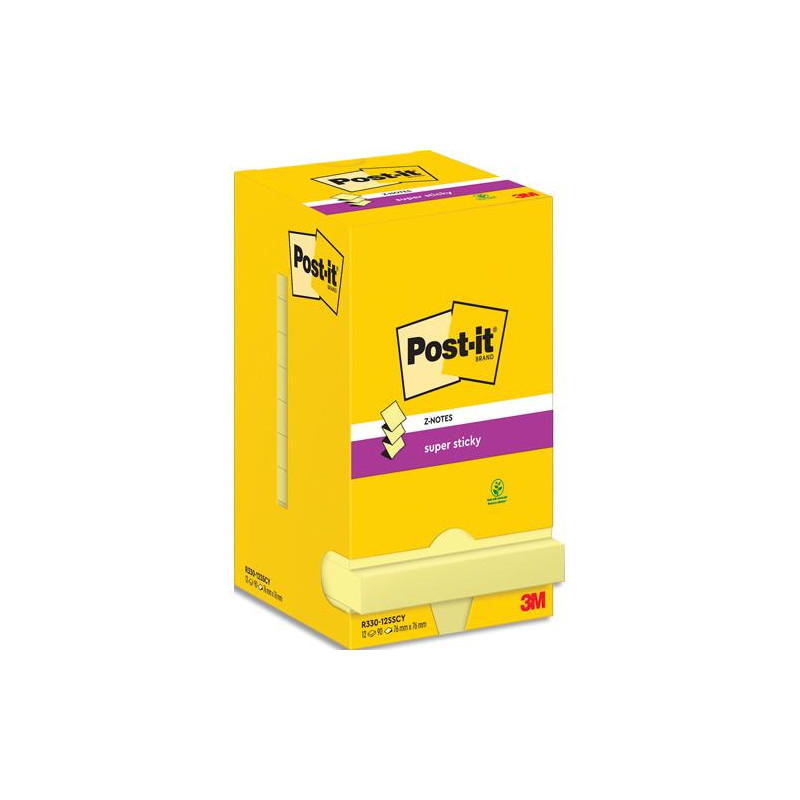 POST-IT Lot de 12 recharges repositionnables ZNOTES SUPERSTICKY 90 feuilles. Format 7,6 x 7,6cm. Jaune