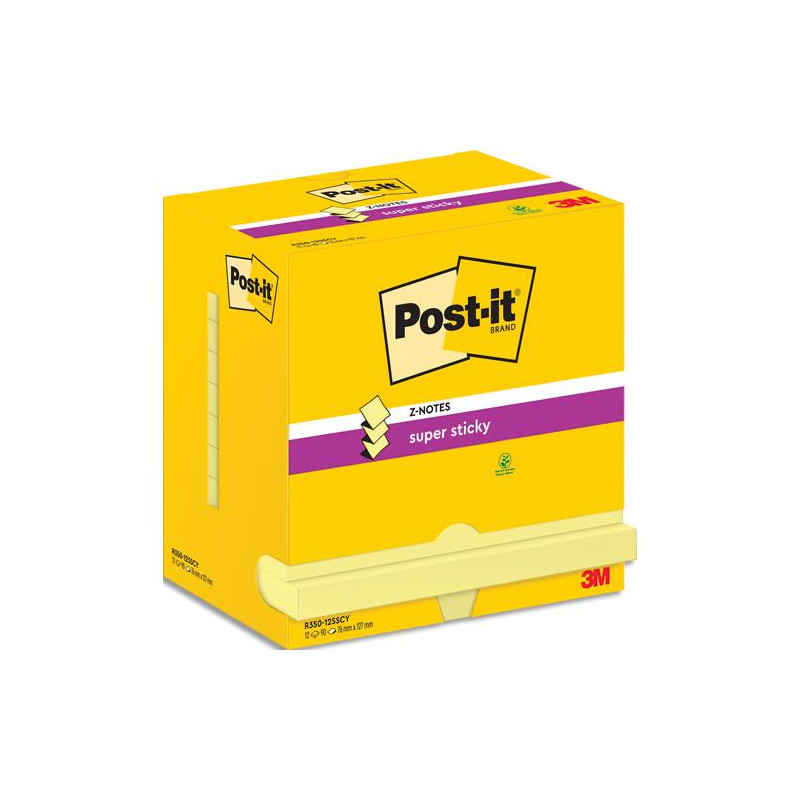 POST-IT Lot de 12 recharges repositionnables ZNOTES SUPERSTICKY 90 feuilles. Format 7,6 x 12,7cm. Jaune