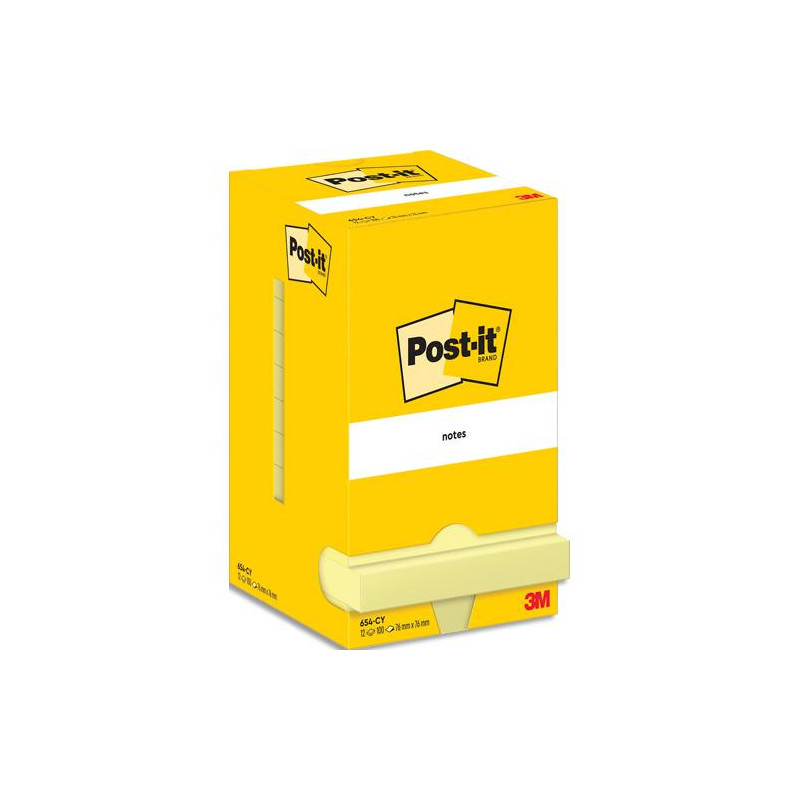 POST-IT Lot de 12 blocs repositionnables 654CY 100 feuilles. Format 7,6 x 7,6cm. Coloris Jaune