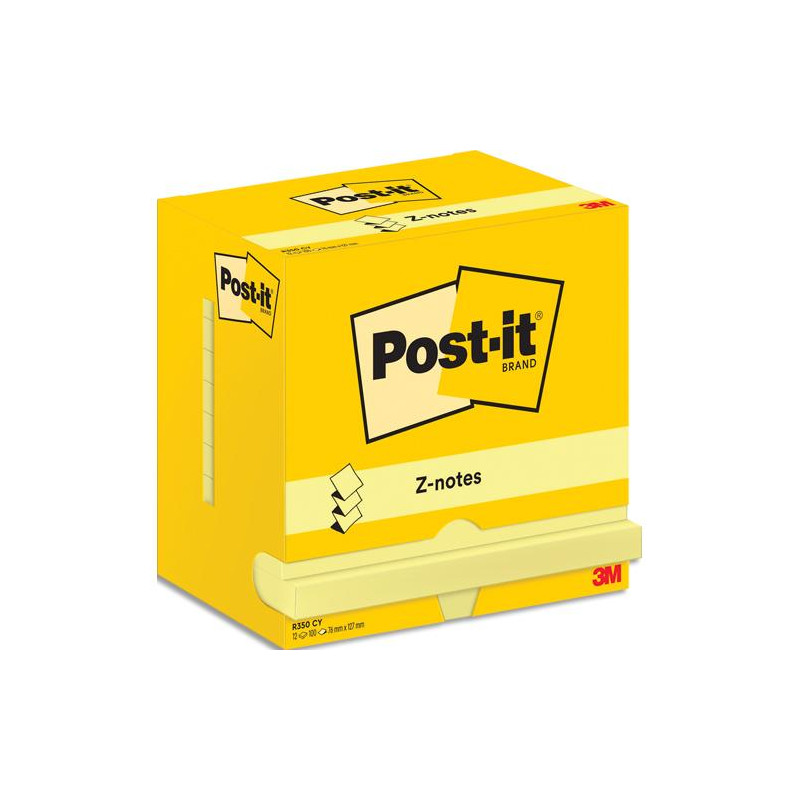 POST-IT Lot de 12 recharges repositionnables ZNOTES 100 feuilles. Format 7,6 x 12,7cm. Coloris Jaune