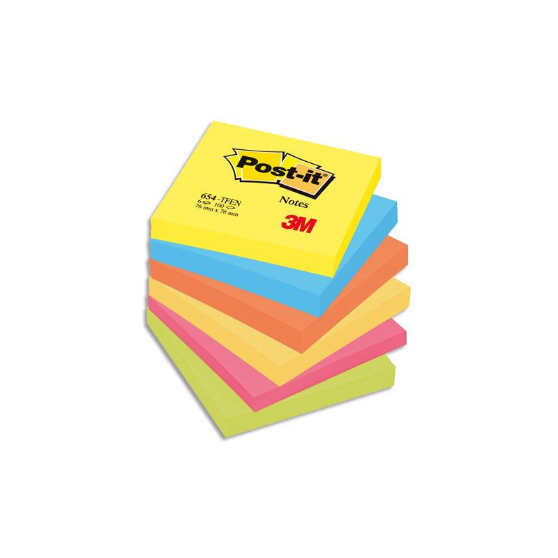 POST-IT Lot de 6 blocs repositionnables de 100 feuilles. Format 7,6 x 7,6 cm. Couleurs &#39;&#39;&eacute;nergiques&#39;&#39;