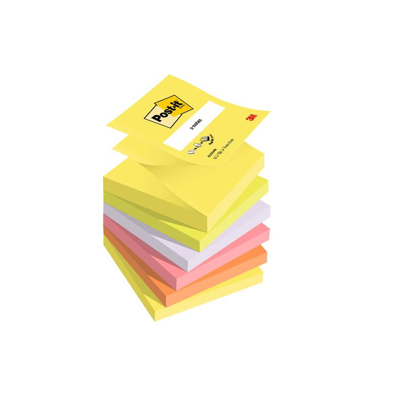 POST-IT Lot de 6 blocs Z-Note repositionnables 100 feuilles. Format 7,6 x 7,6 cm. Couleurs N&eacute;on assorties