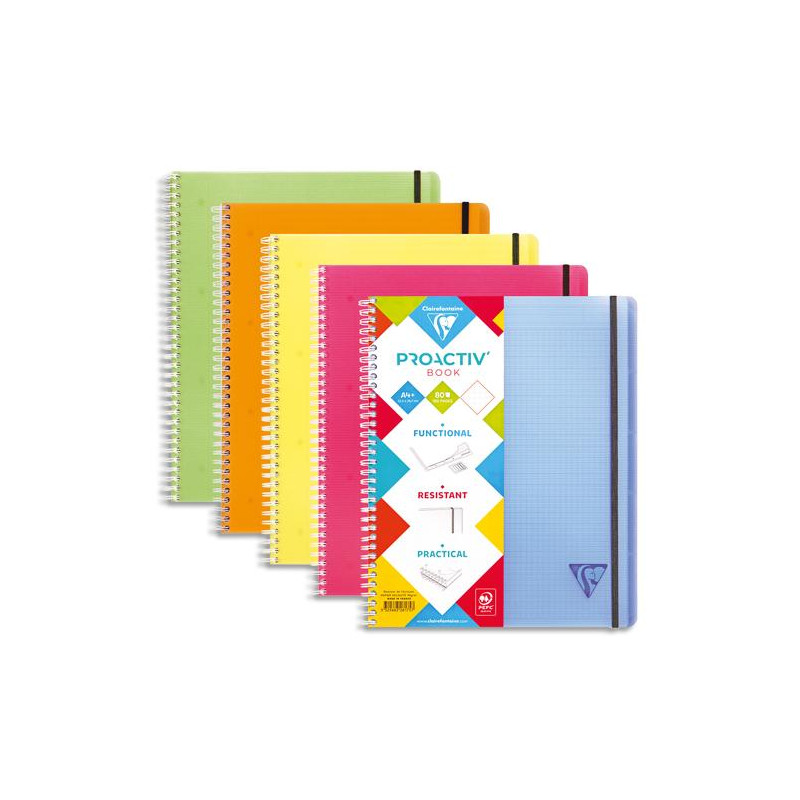 CLAIREFONTAINE Cahier Linicolor Proactive spirale PP 160p 5x5 format 22,5x29,7cm. Coloris assortis Fresh